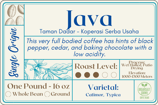 A 1LB bag of Medium Roasted Java Taman Dadar coffee beans, single-origin and freshly roasted in small batches. Smooth and well-balanced with notes of chocolate, spice, and a hint of earthiness—perfect for a flavorful, aromatic cup