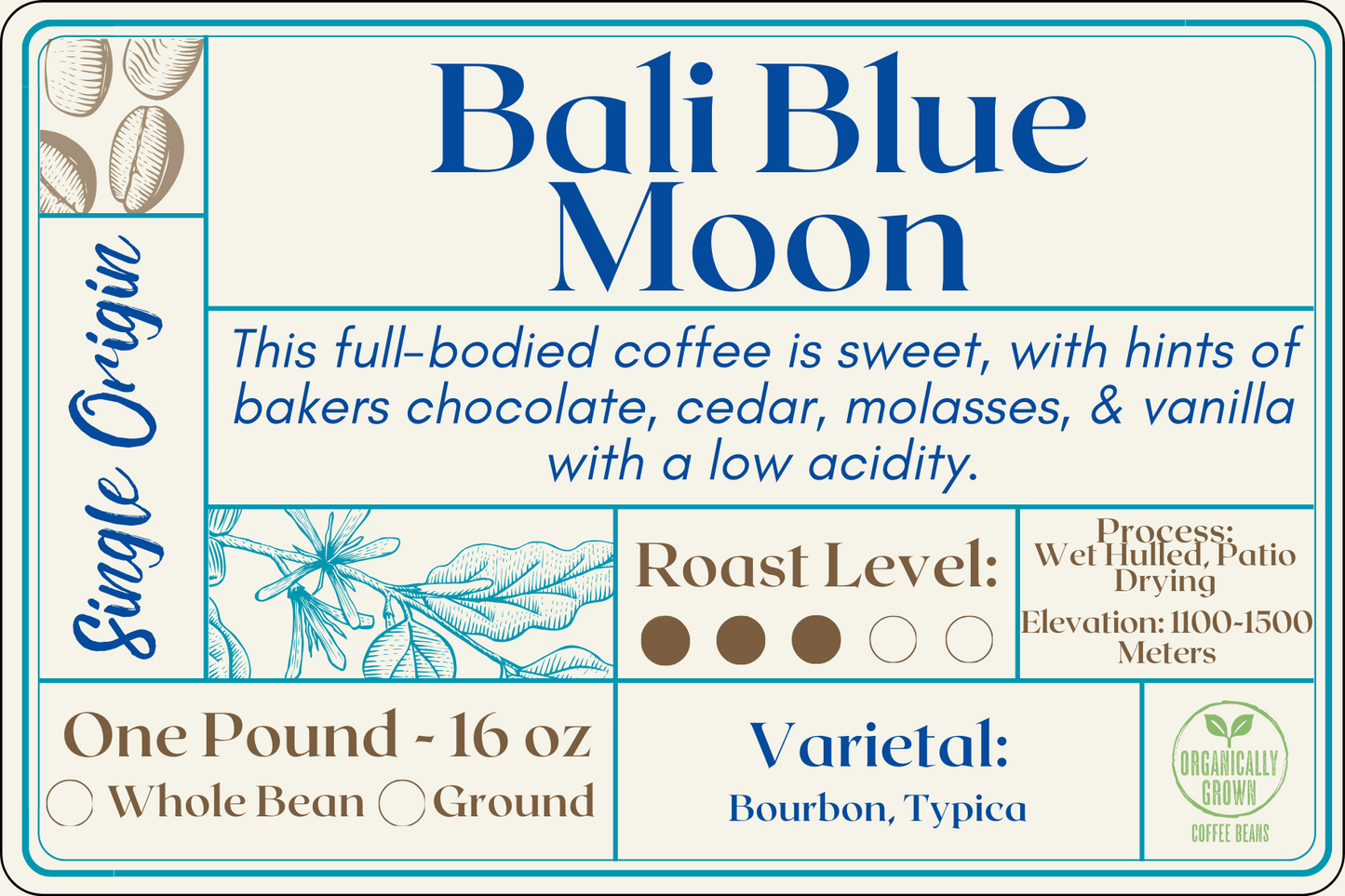A modern and elegant coffee bag label for Bali Blue Moon Coffee. The label features a combination of blue and brown hues, reflecting sophistication. Text on the label describes the coffee's origin, roast level, varietal, growth elevation, processing method, and organic cultivation