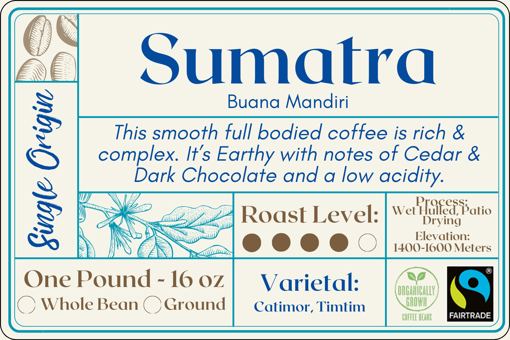 A 1LB bag of Dark Roasted Sumatra coffee beans, single-origin and freshly roasted in small batches. Bold and full-bodied with deep, earthy flavors and a smooth finish—perfect for those who love a rich, intense brew