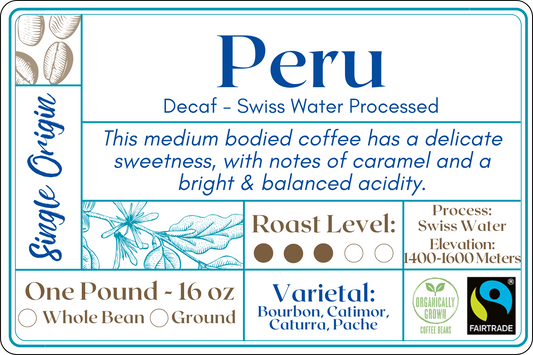 A modern and elegant coffee bag label for Decaf Swiss Water Processed Peru Coffee. The label features earthy brown and soft green hues, reflecting its smooth and well-balanced character. Text on the label describes the coffee's origin, medium roast level, varietal, high-altitude growth, Swiss Water decaffeination process, and organic cultivation