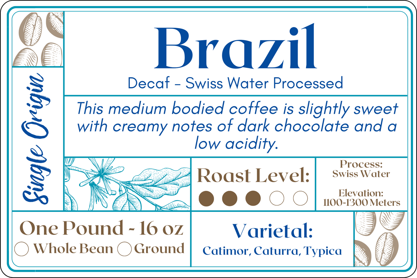 A modern and elegant coffee bag label for Decaf Swiss Water Processed Brazil Coffee. The label features warm brown and neutral tones, reflecting its smooth and rich character. Text on the label describes the coffee's origin, medium roast level, varietal, high-altitude growth, Swiss Water decaffeination process, and organic cultivation