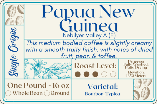 A visually striking coffee bag label for Papua New Guinea coffee. The label showcases vibrant colors and intricate designs, evoking the rich cultural heritage of Papua New Guinea. Text on the label highlights the coffee's origin, roast level, varietal, elevation, processing method, and farming practices