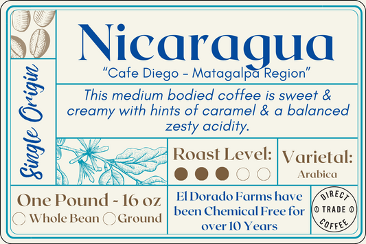 A sleek and minimalist coffee bag label for Café Diego from Nicaragua, emphasizing its Direct Trade certification. The label features clean typography and a modern design aesthetic, with accents reflecting Nicaragua's coffee-growing region. Text on the label specifies the coffee's origin, branding it as Café Diego, and highlights its Direct Trade status, ensuring transparency and fairness in sourcing